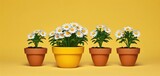  a group of three potted plants with daisies growing out of them on a yellow background with a few white daisies in the middle of the planter.