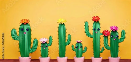  a row of cactus with flowers on their heads in front of a yellow wall with a wooden floor and a yellow wall behind the row of cactus with flowers on their heads.