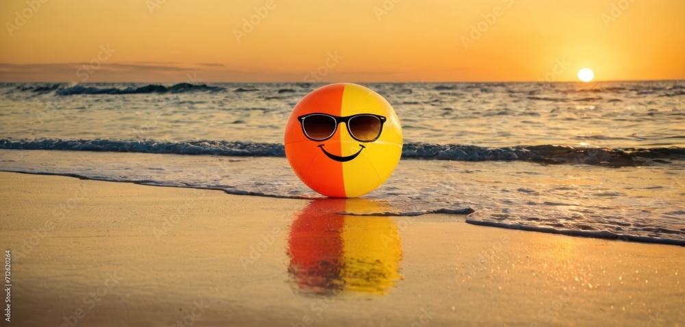  a beach ball with a smiley face wearing sunglasses on the shore of a beach with the sun setting in the background and a body of water in the foreground.
