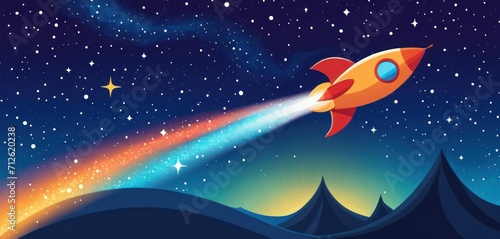  an illustration of a rocket flying through the night sky with stars and a shooting star in the middle of the night, with a bright blue sky and white background with stars.
