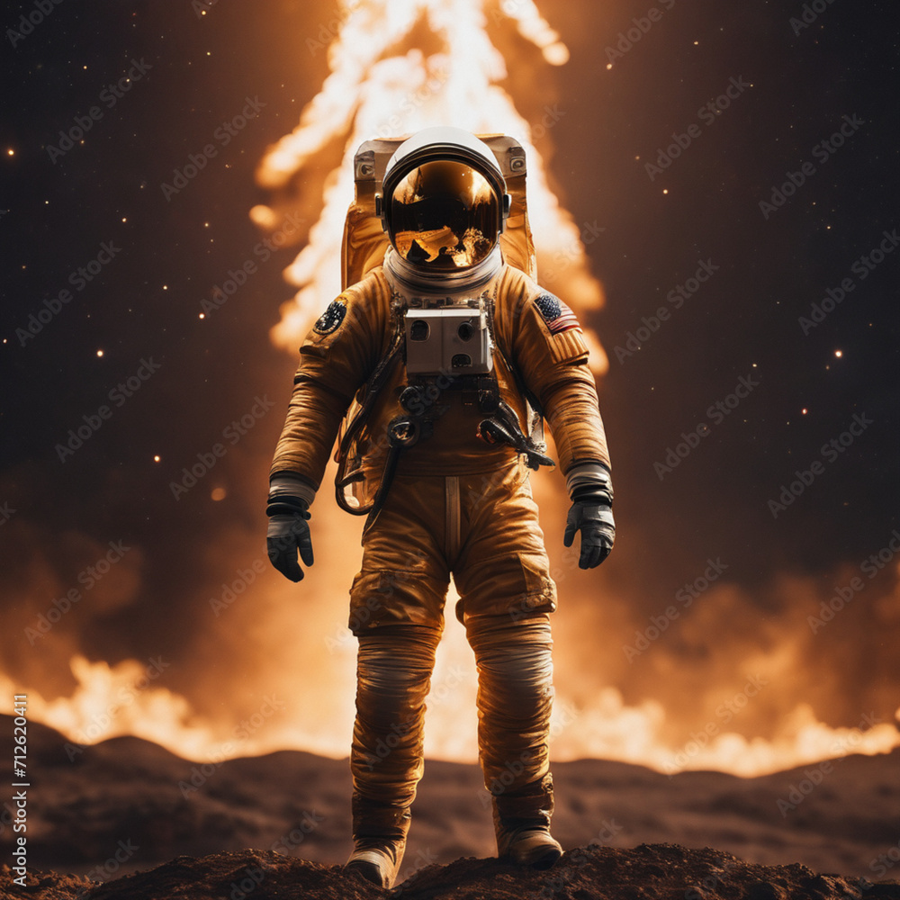 Fototapeta premium fire, people, person, astronaut, moon, space, astronaut in space, cinematic light, realistic