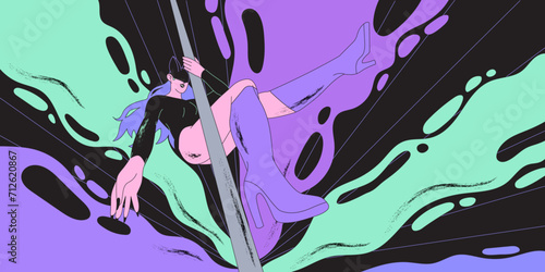 Young sexy female character in lingerie on high hills perform pole dance in fitness studio or competition. Modern fitness classes for women vector illustration. Poledancer stretching or exercising.