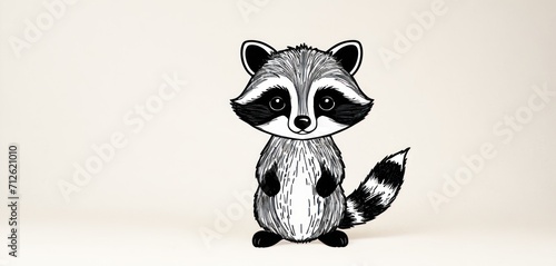  a black and white drawing of a raccoon sitting on its hind legs and looking at the camera with a surprised look on its face, on a white background.
