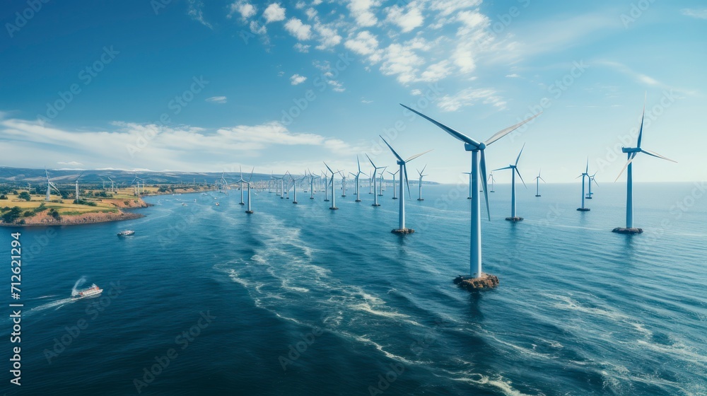 Wind turbines in the sea. Beautiful nature landscape with wind turbines.