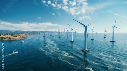 Wind turbines in the sea. Beautiful nature landscape with wind turbines.