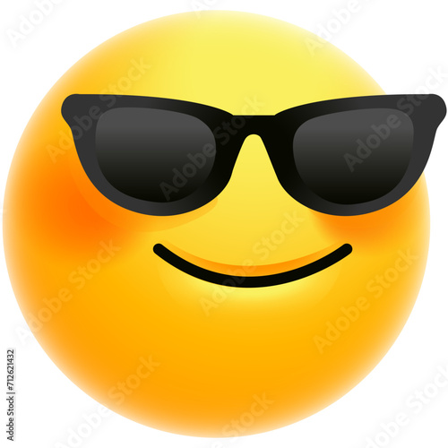 Cool emoticon with glasses vector image. 3d Emoticon or Smiley smirking cool with sunglasses yellow ball emoji photo