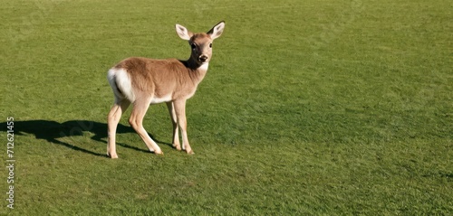  a deer standing in the middle of a field of green grass with a shadow of its head on it's back end of the deer's back legs.
