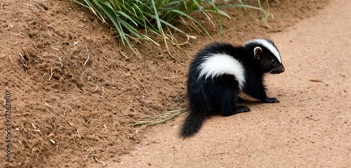  a small black and white animal sitting on top of a dirt ground next to a field of green grass and a pile of dirt on the ground next to the grass.