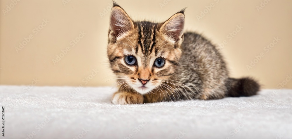  a small kitten with blue eyes sitting on a white blanket looking at the camera with a curious look on its face, with a tan wall in the background,.