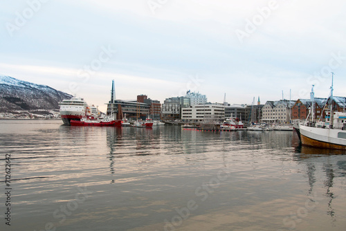 View of a marina and harbor in Tromso, North Norway. Tromso is considered the northernmost city in the world with a population above 50,000