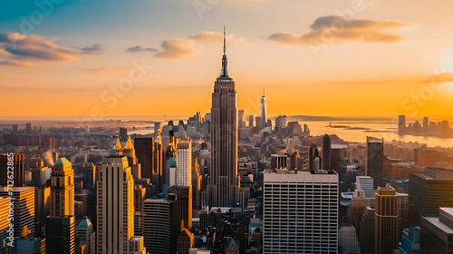 Sunset Aerial View of Empire State Building Spire and a Top Deck Tourist Observatory. New York City Business Center From Above. Helicopter Image of an Architectural Wonder in Midtown Manhattan © Prasanth