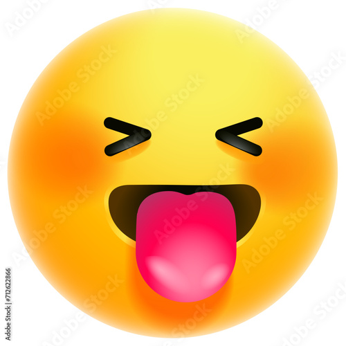 Laughing emoji with open mouth and sticking tongue. Yellow face smiling emoji. Popular chat elements. Trending emoticon. 3d editable vector Illustration