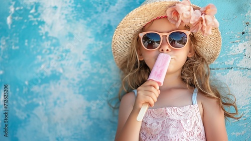 Summertime, a petite child with a summer hat and sunglasses licking a popsicle stick, space, Generative AI.