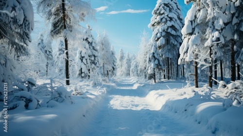 Winter landscape with snowy road in the forest. Panoramic view © Voilla