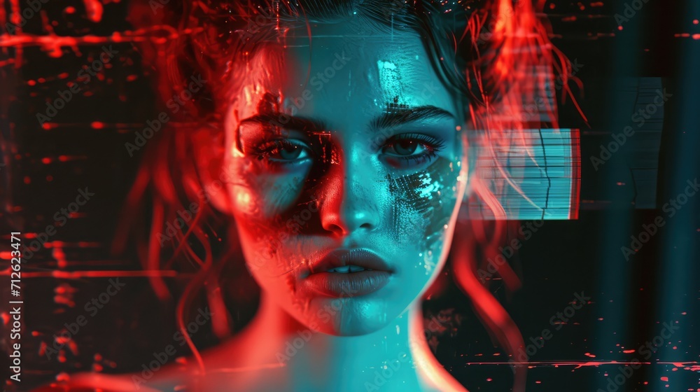 Generative AI, Model woman portrait in cyberpunk style, photo with damaged grainy texture Generative AI, Model woman portrait in cyberpunk style, photo with damaged grainy texture