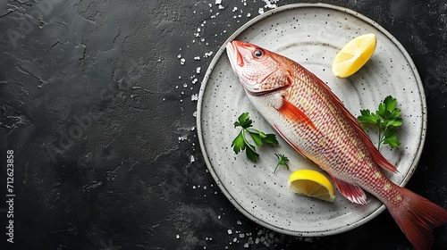 Top view of fresh snapper with a big copy space kept in a plate against a black backdrop, Generative AI. photo