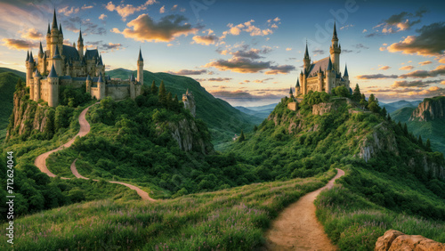 Natural landscape with a fairytale castle. AI