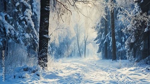 A harsh winter forest with an animal trail. Cold weather in the wild forest, snow-covered tree branches, animal tracks