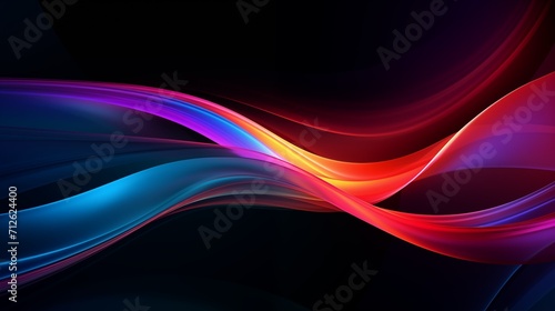 Colored glowing waves abstract background. Bright smooth waves on a dark background. Decorative horizontal banner. Digital raster bitmap illustration. AI artwork.