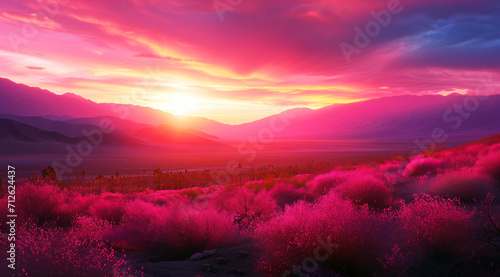 stunning sunset with deep pink and purple hues over a desert landscape with silhouetted mountains and blooming pink flowers in the foreground