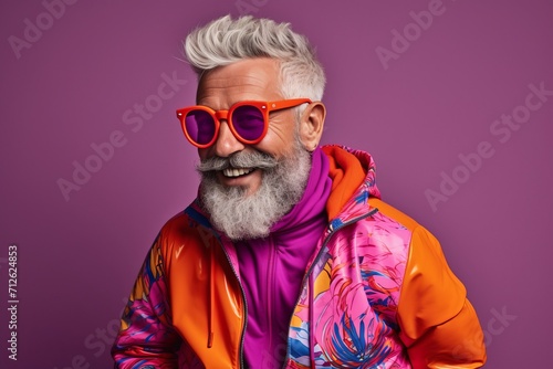 Portrait of a stylish senior man with gray beard in colorful jacket and sunglasses.