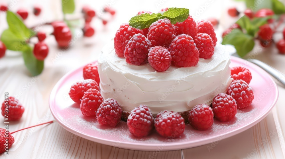 Sweet cake background with a topping of strawberries, raspberries, and cream, highlighting the delicious cake decoration against a delightful backdrop Sweet cake background with a topping of strawberries, raspberries, and cream, highlighting the delicious cake decoration against a delightful backdrop