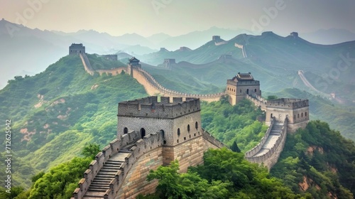 majestic Chinese wall seen from the wall during the day in high resolution and quality. concept wonders of the world and landscapes photo