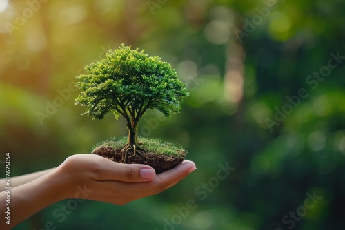 Hand holding tree. Save nature, ecology concept photo