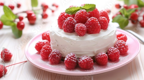 Sweet cake background with a topping of strawberries, raspberries, and cream, highlighting the delicious cake decoration against a delightful backdrop