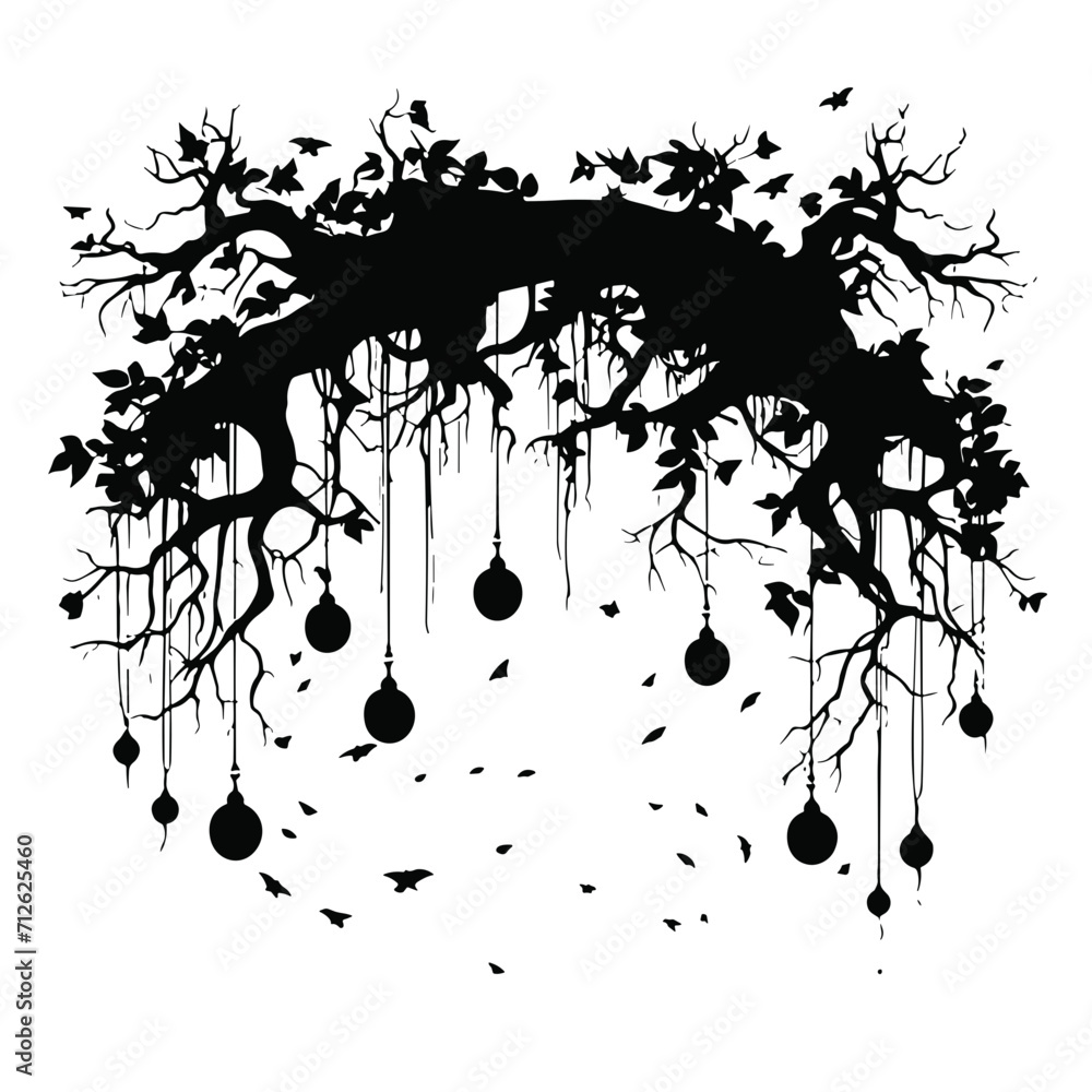 Naklejka premium tree, nature, vector, illustration, silhouette, branch, leaf, design, plant, floral, black, flower, art, drawing, decoration, pattern, spring, bird, element, season, frame, forest, leaves, old, trunk,