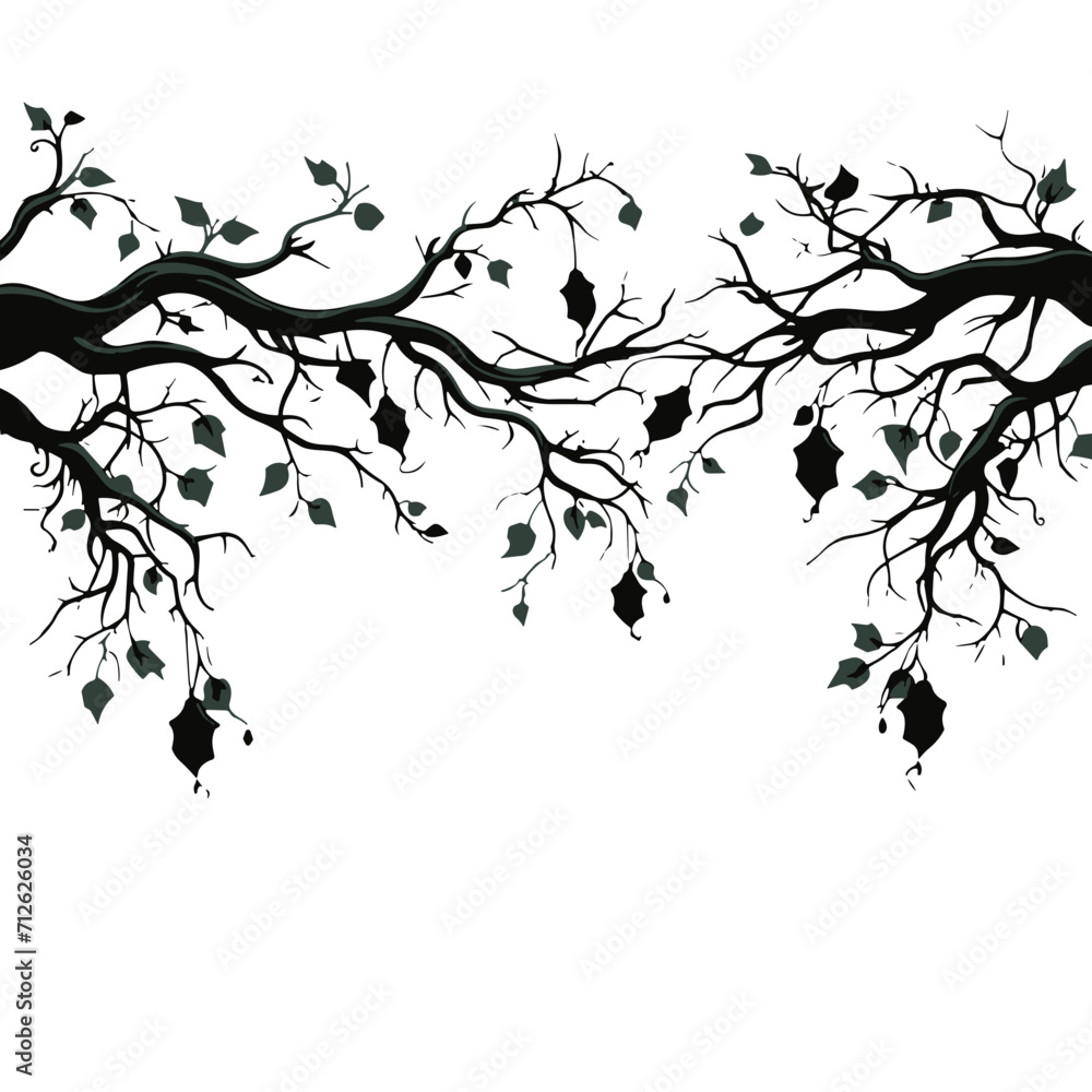 Naklejka premium tree, nature, vector, illustration, silhouette, branch, leaf, design, plant, floral, black, flower, art, drawing, decoration, pattern, spring, bird, element, season, frame, forest, leaves, old, trunk,