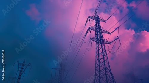bottom view of high-voltage electric poles with wires on a cloudy sky in lilac-violet tones.intens electricity 