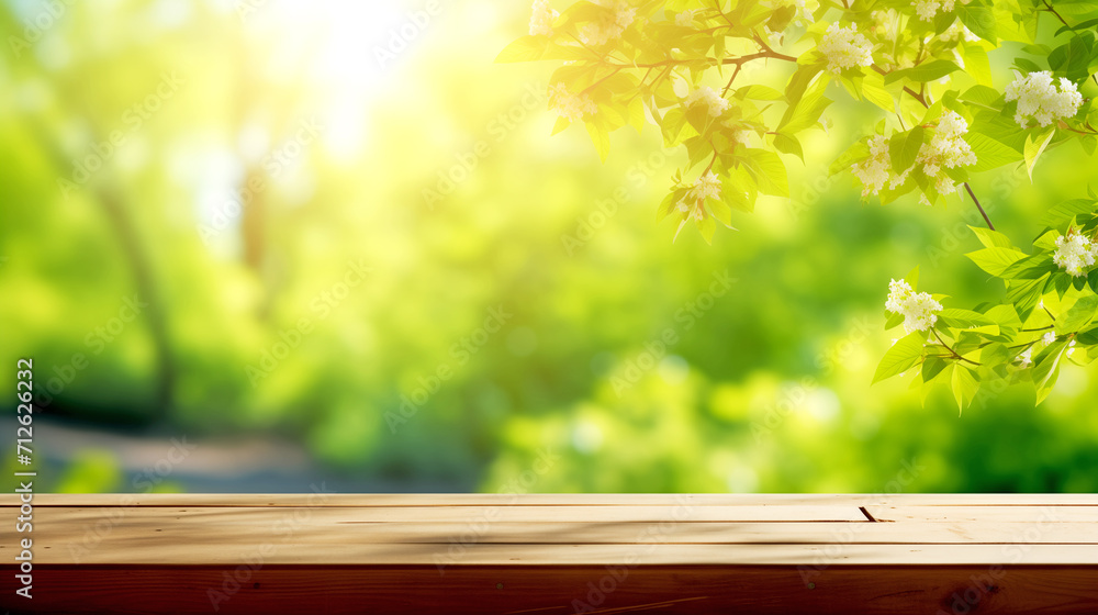 Empty Wooden Tabletop Against Green Blurry Forest Background Empty Wooden Tabletop Against Green Blurry Forest Background