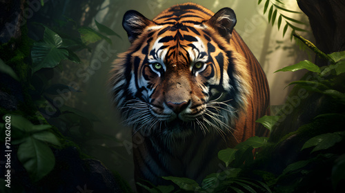 Crouching tiger the tiger sneaks up on prey head close up generative ai,, The Close-Up Artistry of a Crouching Tiger on the Prowl"