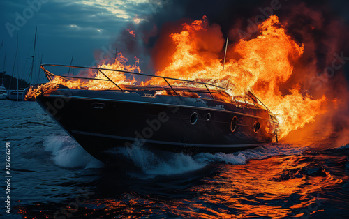 A luxury boat engulfed in fierce flames at sea.