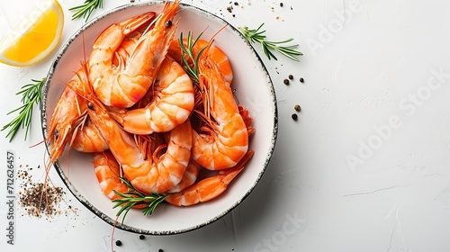 Top view with a bowl of raw shrimps in a white backdrop with copy space, Generative AI.
