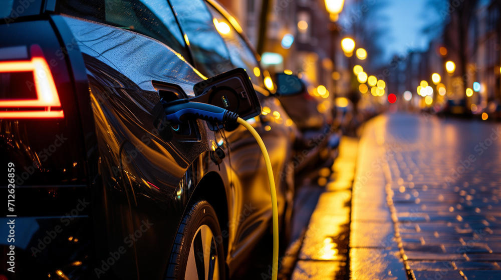 Electric car charging at charging port. Modern car recharging at station. Electric car charging at charging port. Modern car recharging at station.