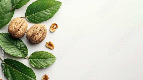 Walnuts alone with a leaf on a white background arrange flat with copy space, Generative AI.