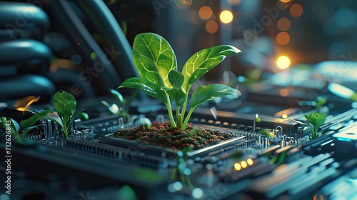 Green information technology. Environmentally Sustainable IT. Copy space. Green plant growing on laptop computer keyboard with green background. AI generated illustration
