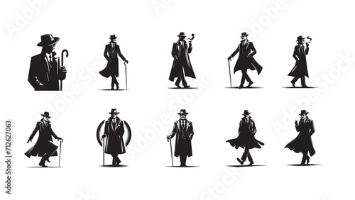 logo set of silhouette man in suit, hat, walking
