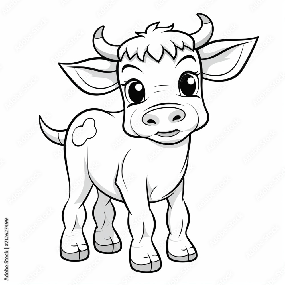 coloring pages - for kids, very simple line, all white, a cow, cartoon,