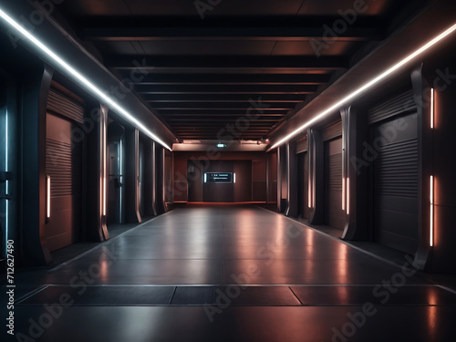 Dark Futuristic Modern Garage Showroom Tunnel Corridor Design. Entrance: 3D Illustration