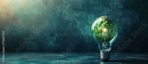 Light bulb with green world map on natural backgound represents renewable energy.Green energy,energy saving concept. AI generated illustration photo