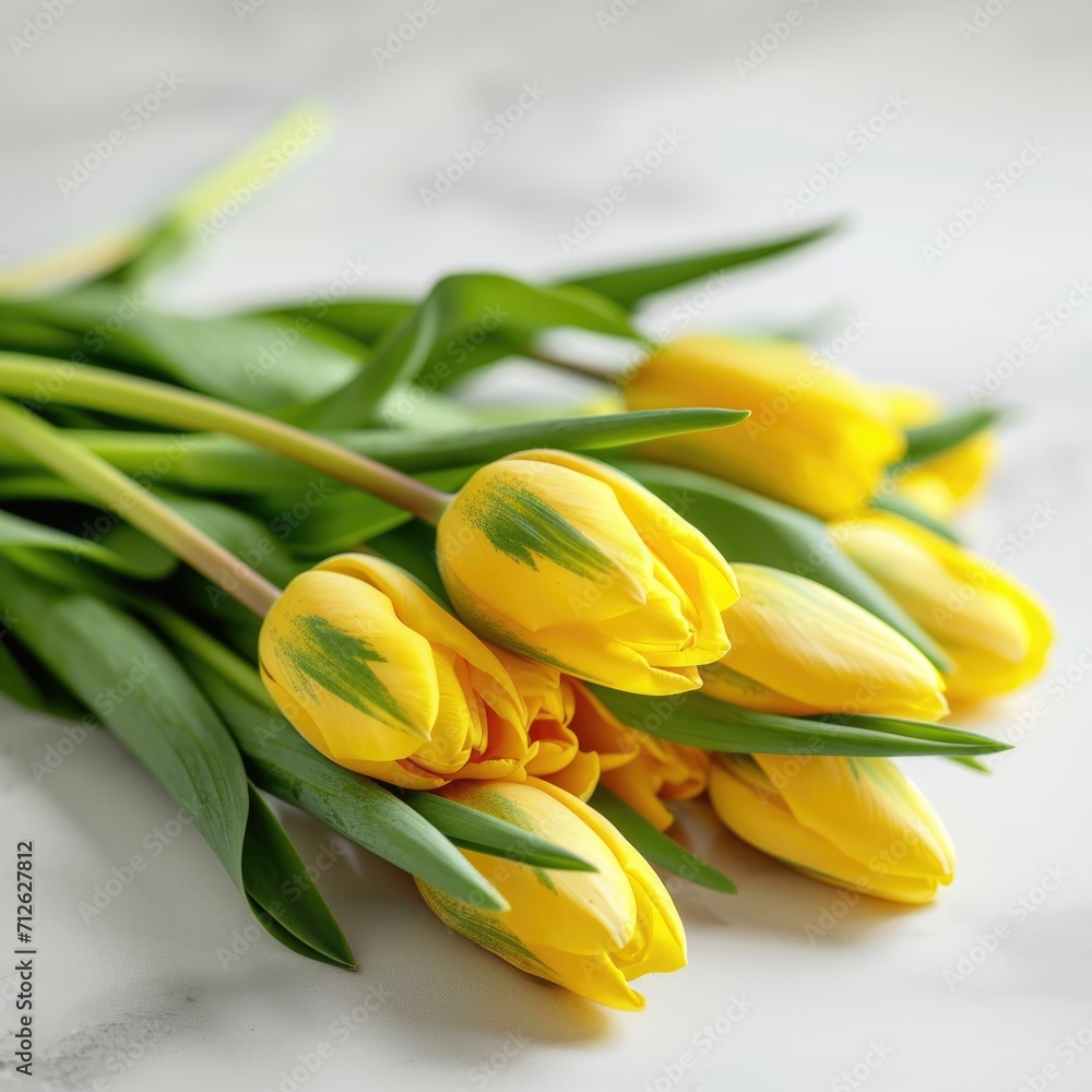 a bouquet of yellow tulips lies on the right against a light white background, copy space a bouquet of yellow tulips lies on the right against a light white background, copy space