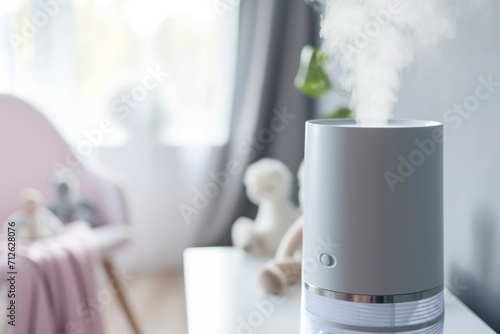 Close-up of a humidifier standing against the backdrop of a modern children s room in light colors.
