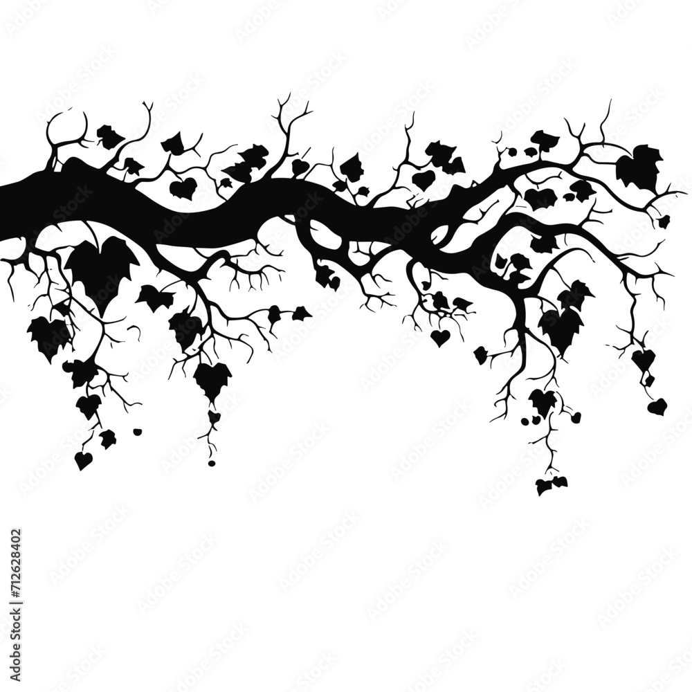 Obraz premium tree, nature, vector, illustration, silhouette, branch, leaf, design, plant, floral, black, flower, art, drawing, decoration, pattern, spring, bird, element, season, frame, forest, leaves, old, trunk,