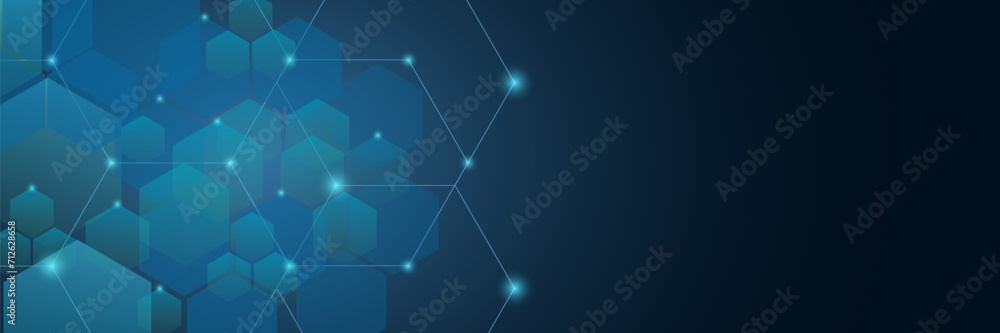 Dark gray and blue horizontal hexagonal technology abstract vector background. Red bright energy flashes under the hexagon in a wide banner of futuristic modern technology. vector