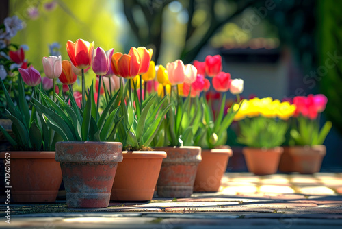 spring flowers tulips in brown pots stand on the porch of the house