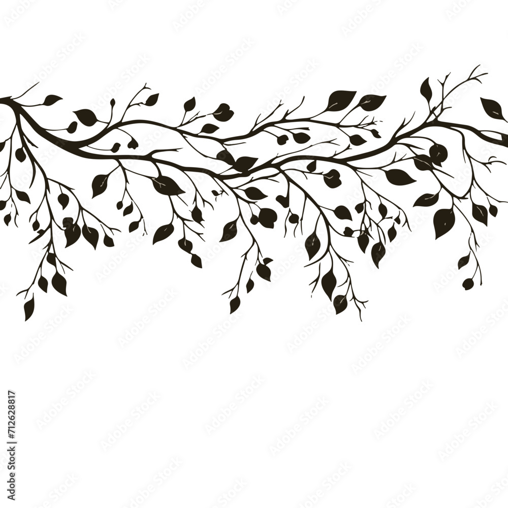 Fototapeta premium tree, nature, vector, illustration, silhouette, branch, leaf, design, plant, floral, black, flower, art, drawing, decoration, pattern, spring, bird, element, season, frame, forest, leaves, old, trunk,