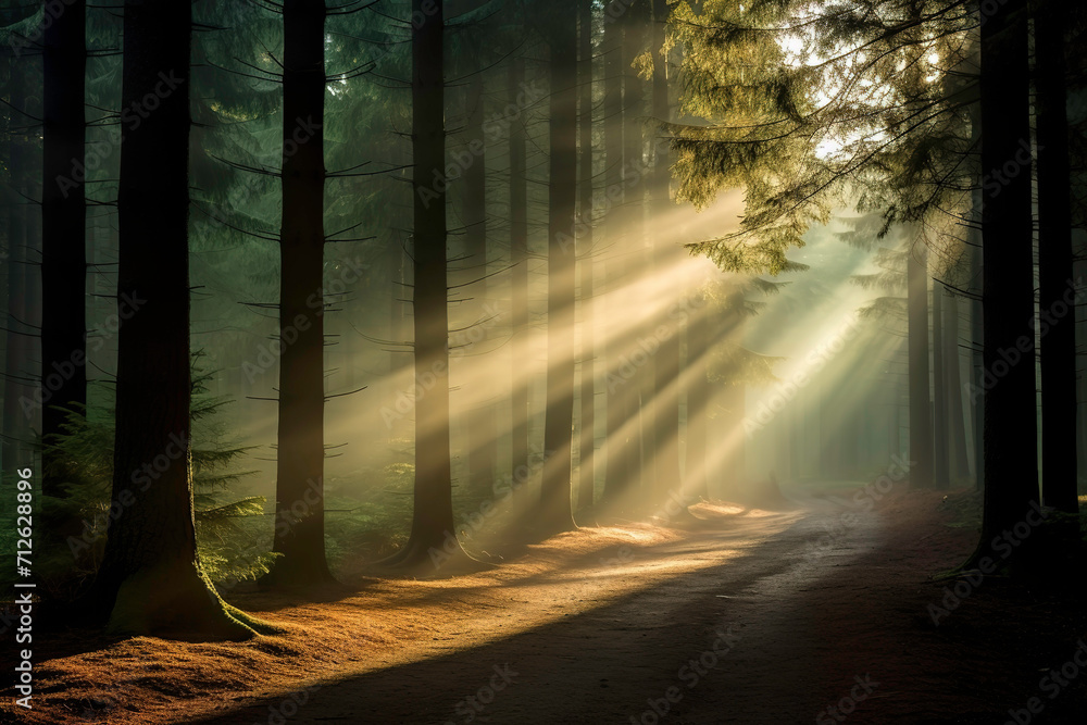 image of sunlight at dusk entering through the trees of a dark forest